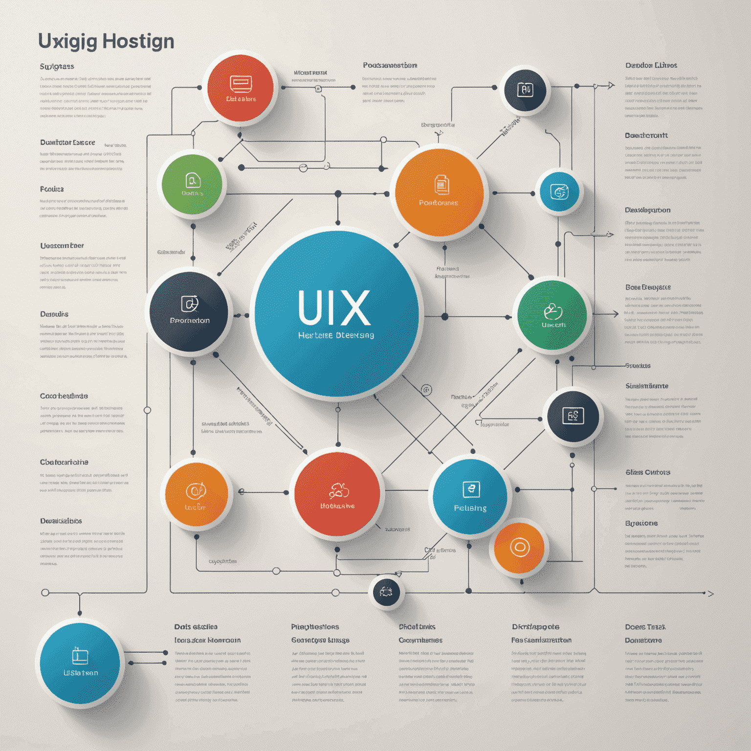 Схема, показывающая различные аспекты UX/UI дизайна: пользовательские потоки, прототипы и элементы интерфейса